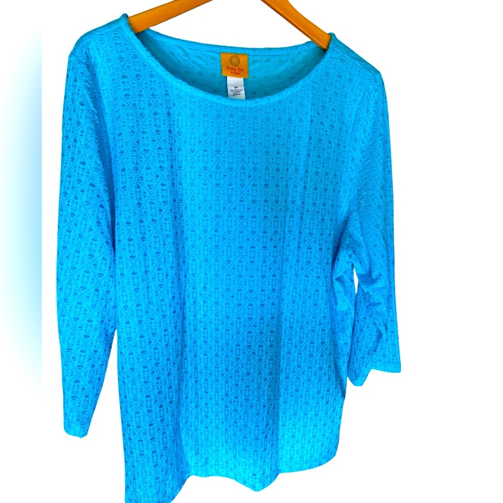 Ruby Rd. Bright Turquoise Blue Eyelet Knit Top